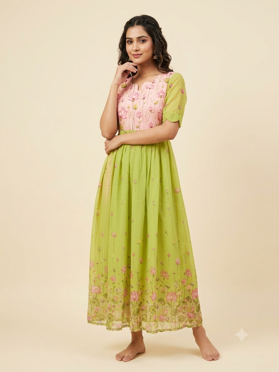 Lime Green Lotus Floral Georgette Non-Feeding Maxi