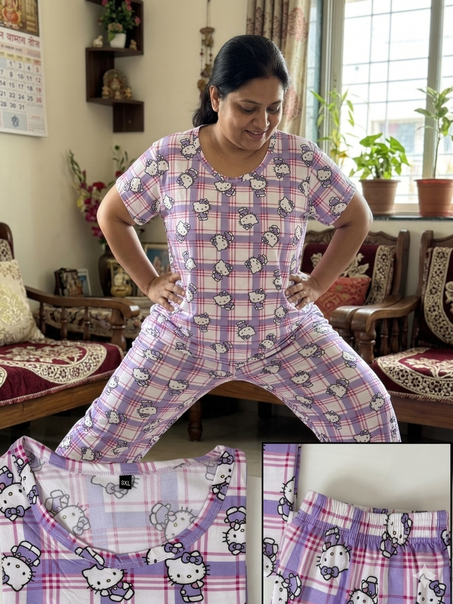 Lavender Checkered Kitty Printed T-Shirt and Palazzo Set