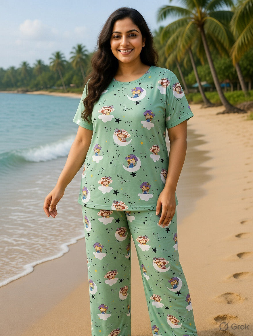 Mint Green Girl & Moon Printed T-Shirt and Palazzo Set