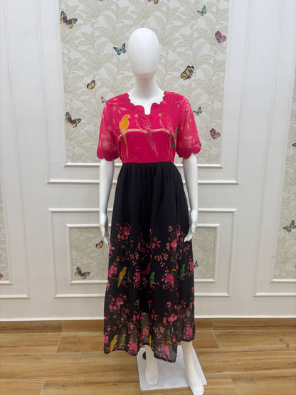 Magenta & Black Floral Parrot Georgette Non-Feeding Maxi