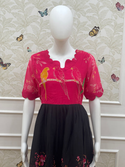 Magenta & Black Floral Parrot Georgette Non-Feeding Maxi