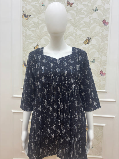 Women's Black & White Leaf Print Peplum Kurta Top