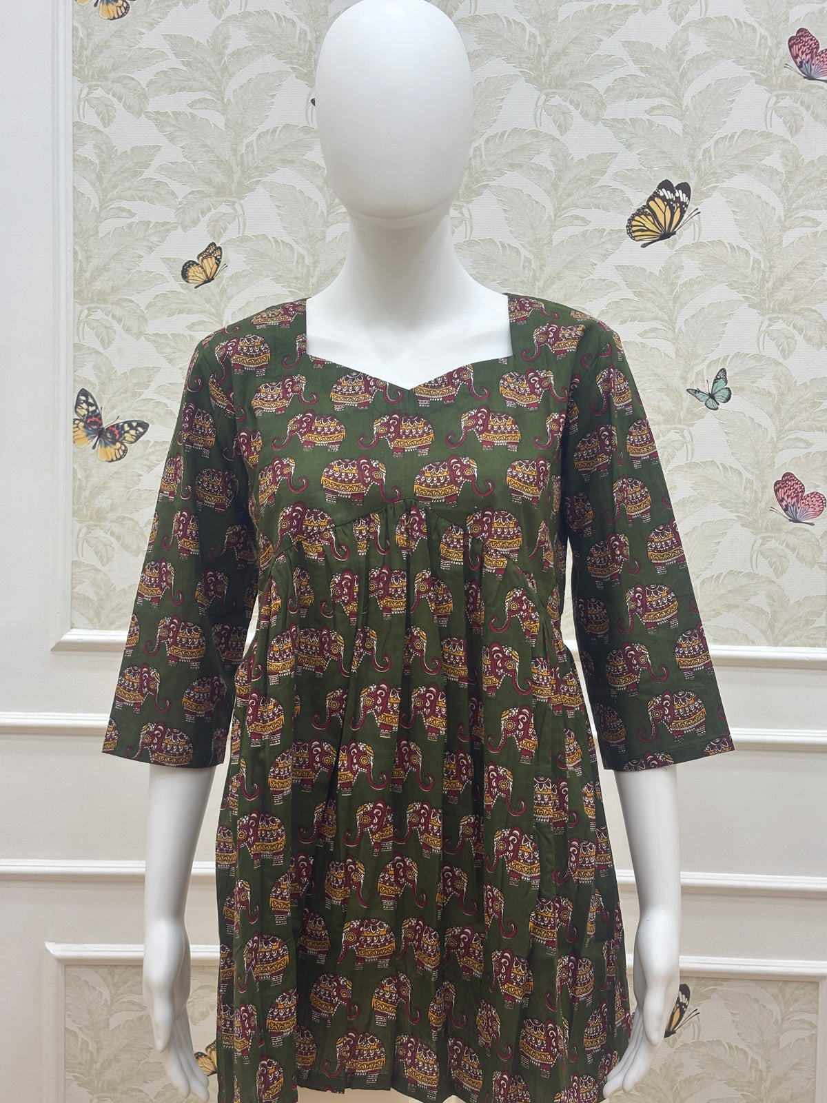 Women's Olive Green Ethnic Elephant Print Peplum Kurta Top