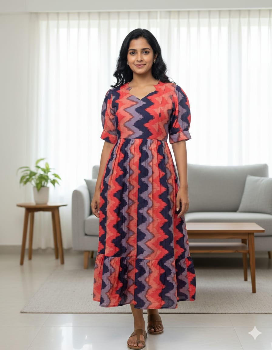 Coral Navy Purple Zigzag Printed Blended Cotton Feeding Maxi