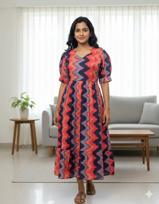 Coral Navy Purple Zigzag Printed Blended Cotton Feeding Maxi