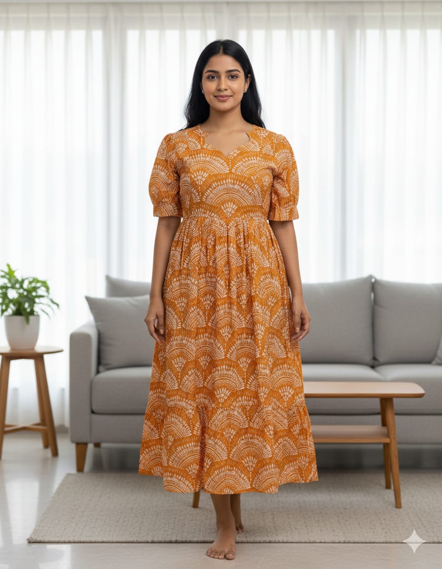 Mustard Orange White Fan Printed Blended Cotton Feeding Maxi