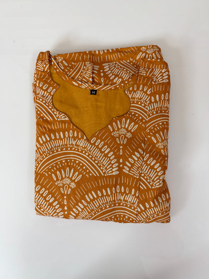 Mustard Orange White Fan Printed Blended Cotton Feeding Maxi