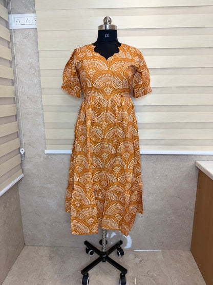 Mustard Orange White Fan Printed Blended Cotton Feeding Maxi