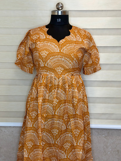 Mustard Orange White Fan Printed Blended Cotton Feeding Maxi
