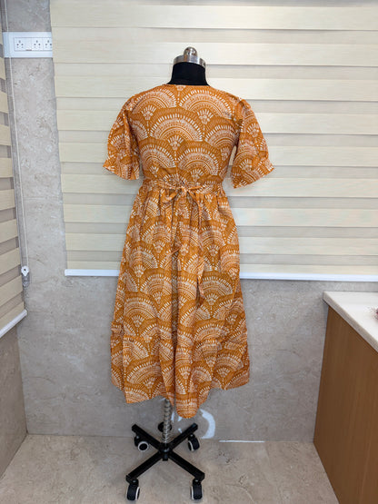 Mustard Orange White Fan Printed Blended Cotton Feeding Maxi