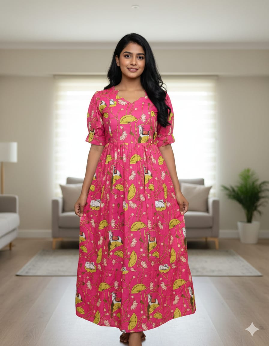 Pink Green White Floral Printed Blended Cotton Feeding Maxi