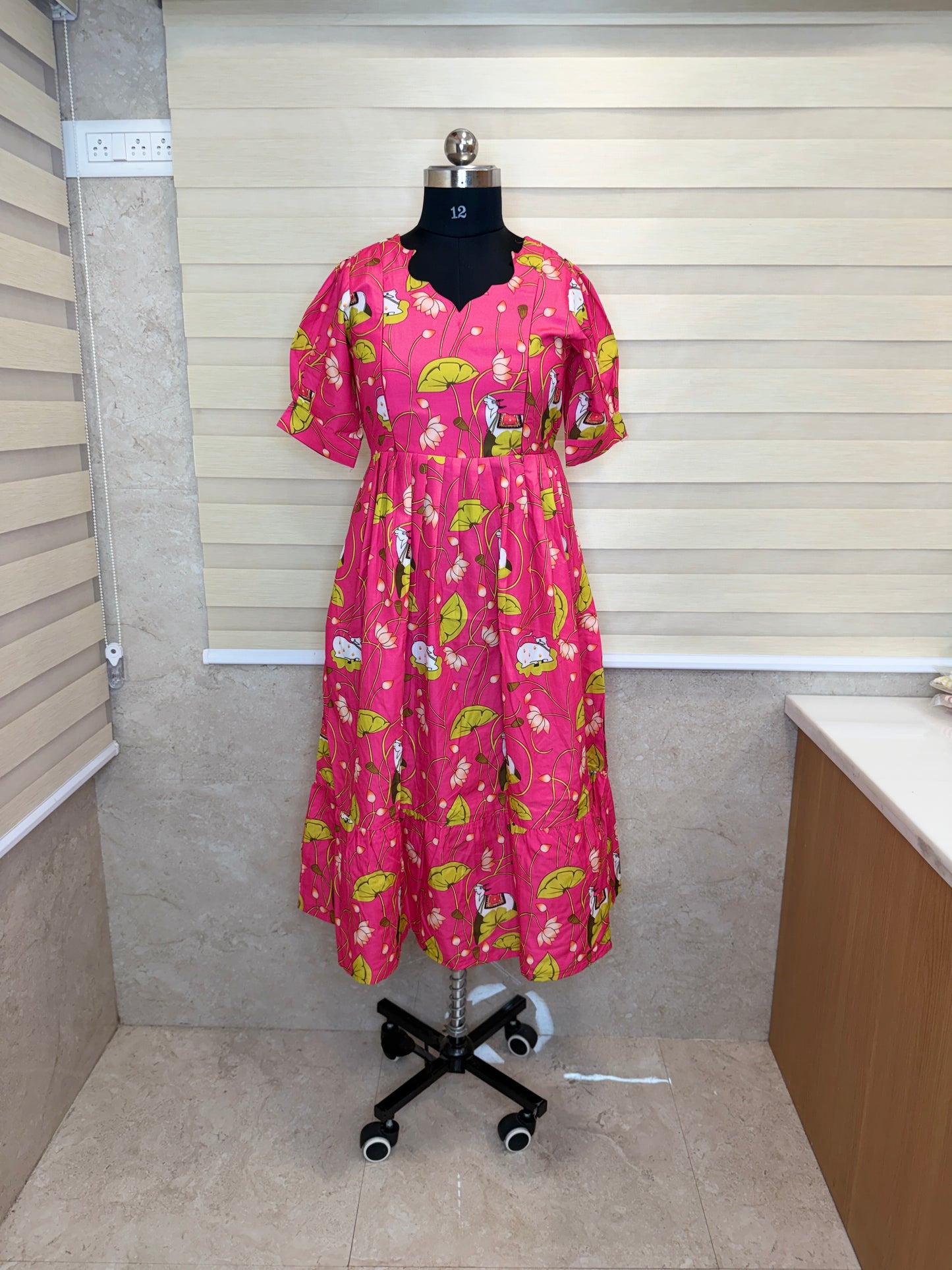Pink Green White Floral Printed Blended Cotton Feeding Maxi