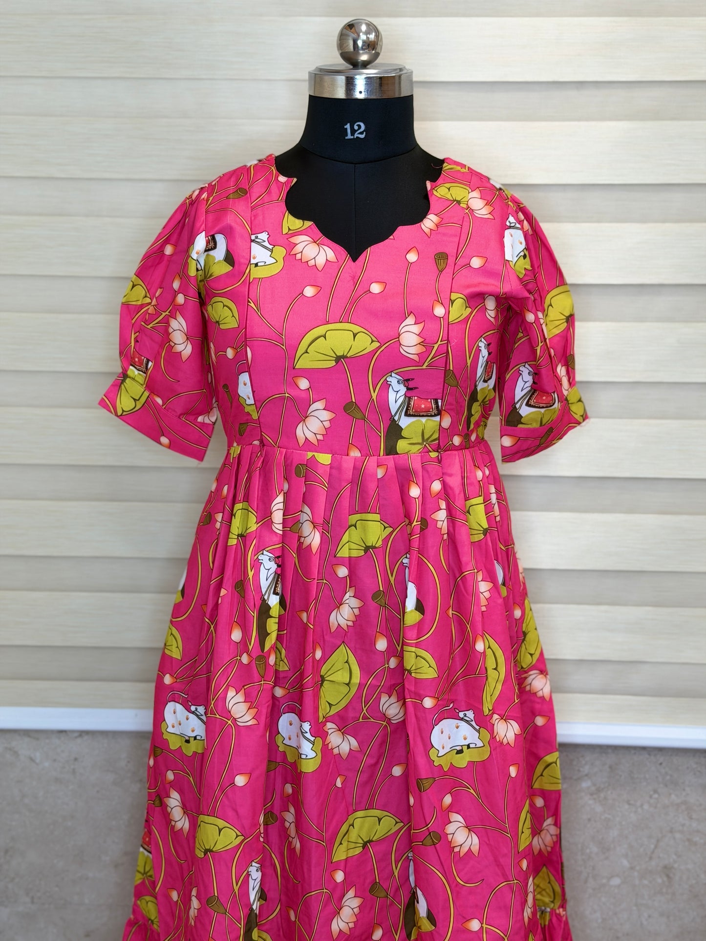 Pink Green White Floral Printed Blended Cotton Feeding Maxi