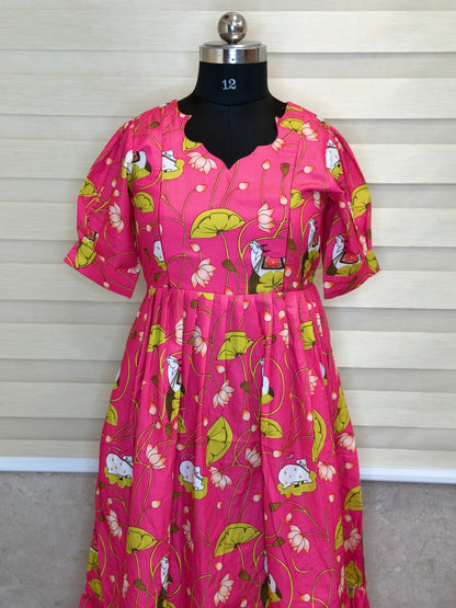 Pink Green White Floral Printed Blended Cotton Feeding Maxi