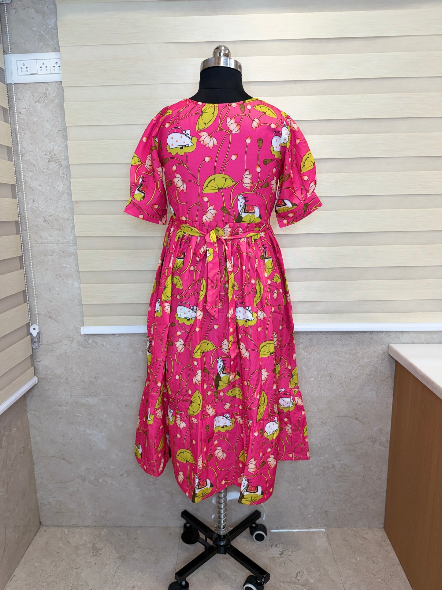 Pink Green White Floral Printed Blended Cotton Feeding Maxi