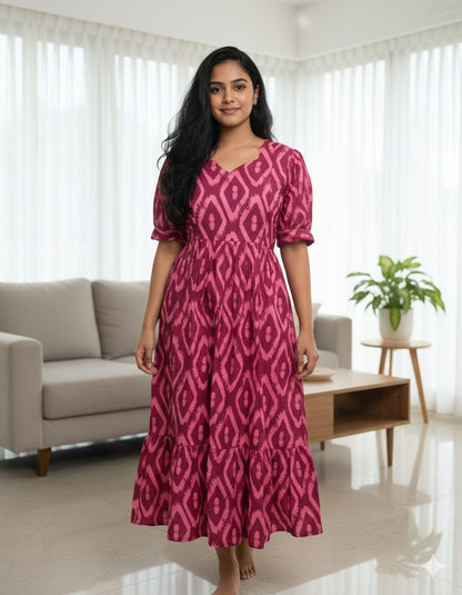 Purple Pink Ikat Printed Blended Cotton Feeding Maxi