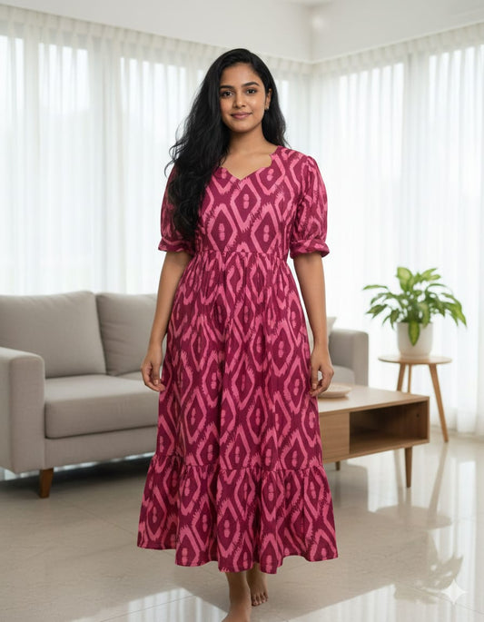 Purple Pink Ikat Printed Blended Cotton Feeding Maxi
