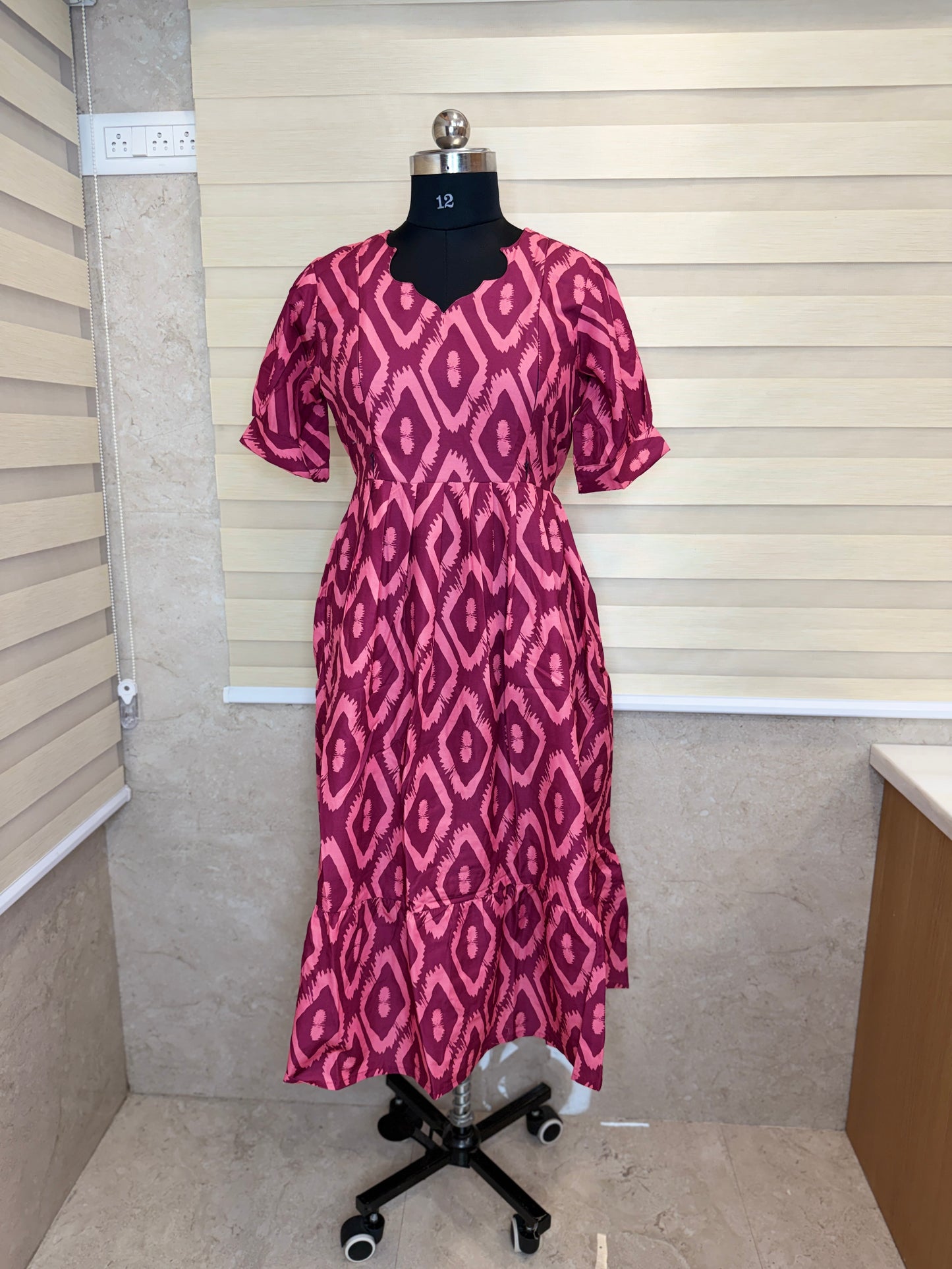 Purple Pink Ikat Printed Blended Cotton Feeding Maxi