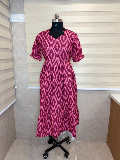 Purple Pink Ikat Printed Blended Cotton Feeding Maxi
