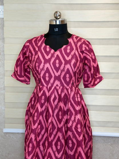 Purple Pink Ikat Printed Blended Cotton Feeding Maxi