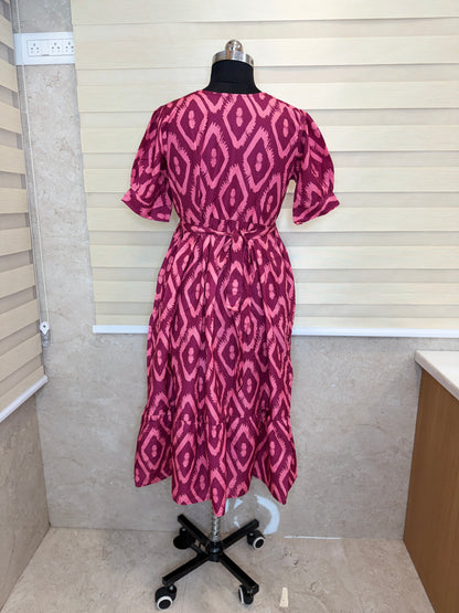 Purple Pink Ikat Printed Blended Cotton Feeding Maxi