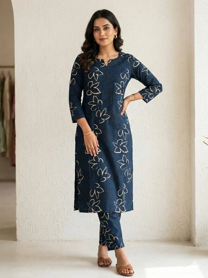 Navy Blue with Floral Printed Outdoor Wear Cotton Coords