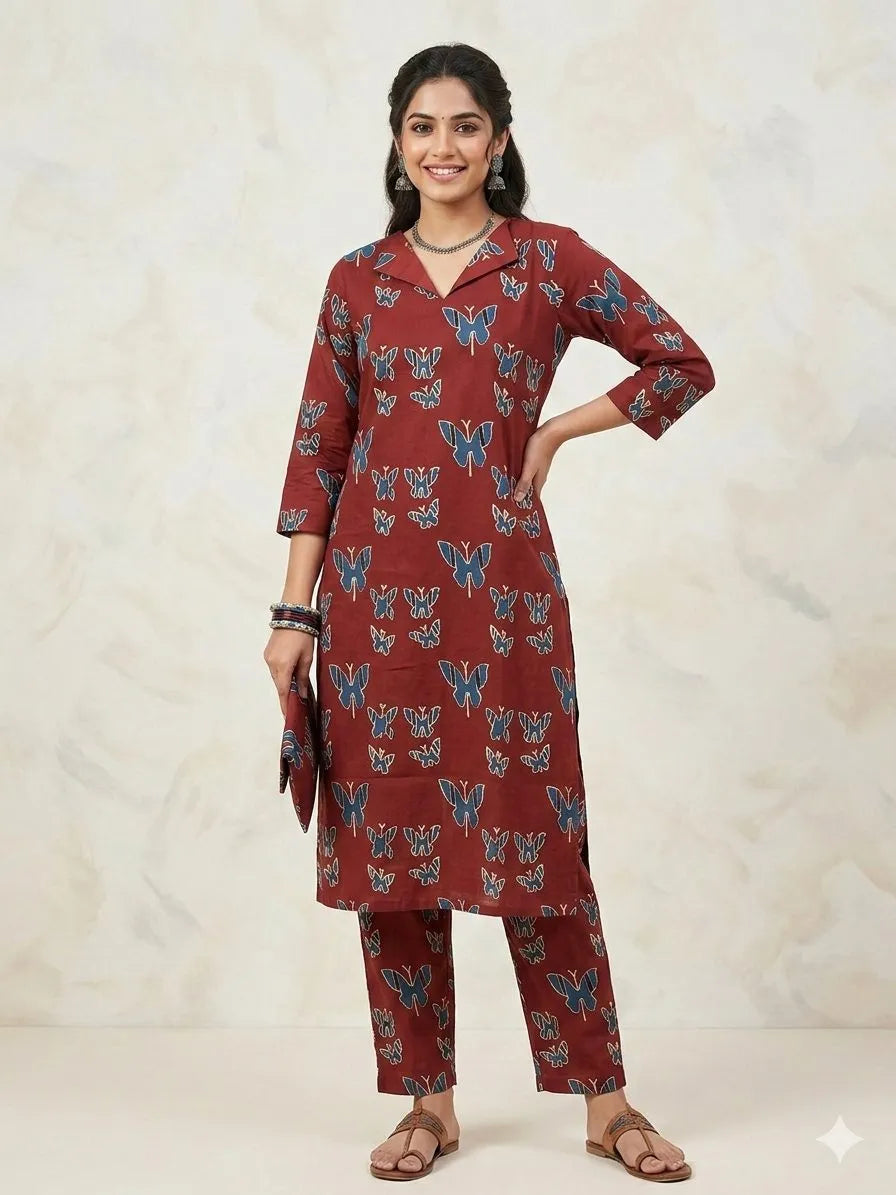 Reddish-Brown with Butterfly Printed Outdoor Wear Cotton Coords