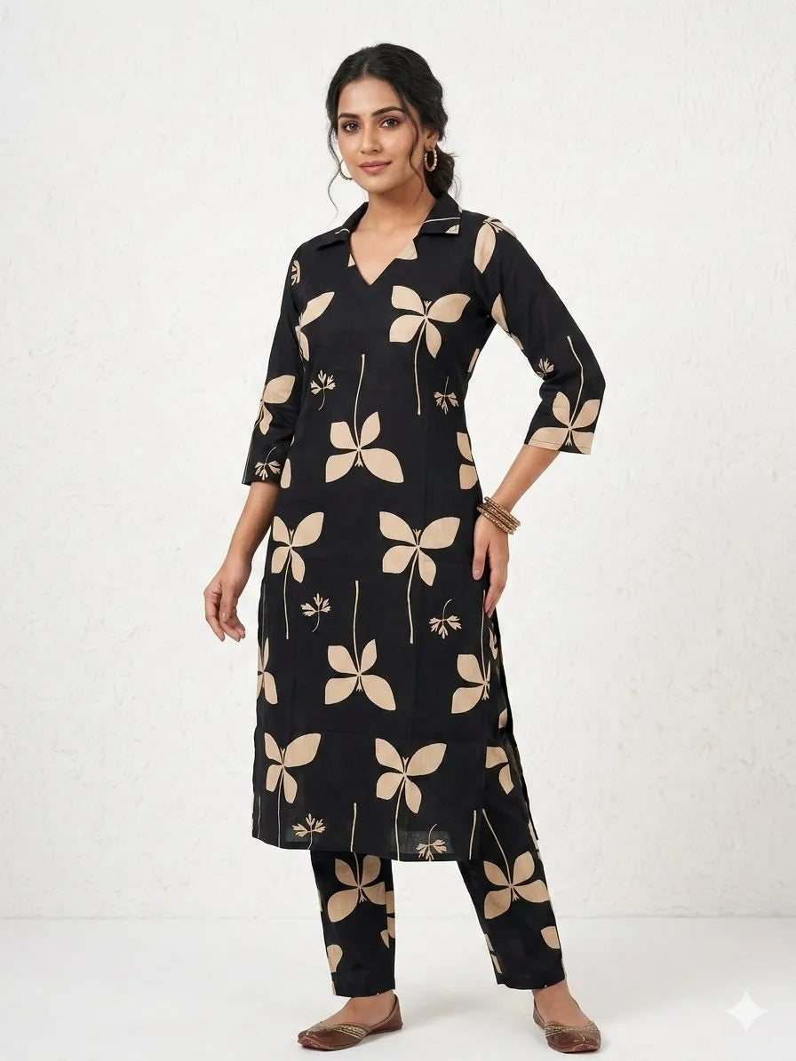 Black with Beige Leafy Printed Outdoor Wear Cotton Coords