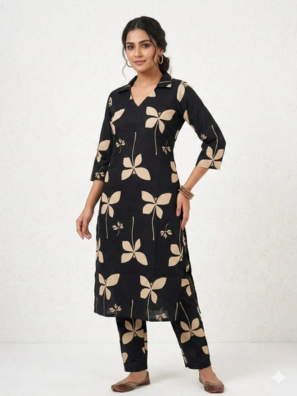 Black with Beige Leafy Printed Outdoor Wear Cotton Coords