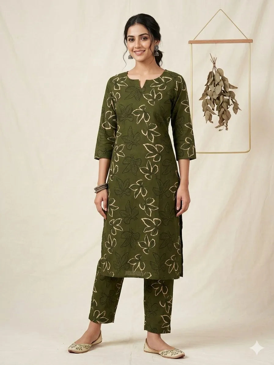 Dark Green with Floral Printed Outdoor Wear Cotton Coords