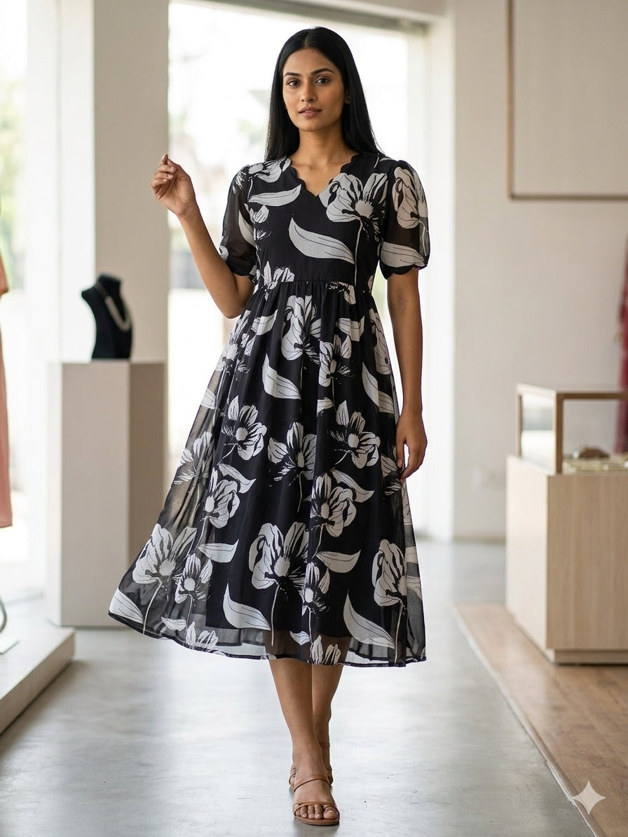 Black White Floral Printed Georgette Outdoor Non-Feeding Maxi