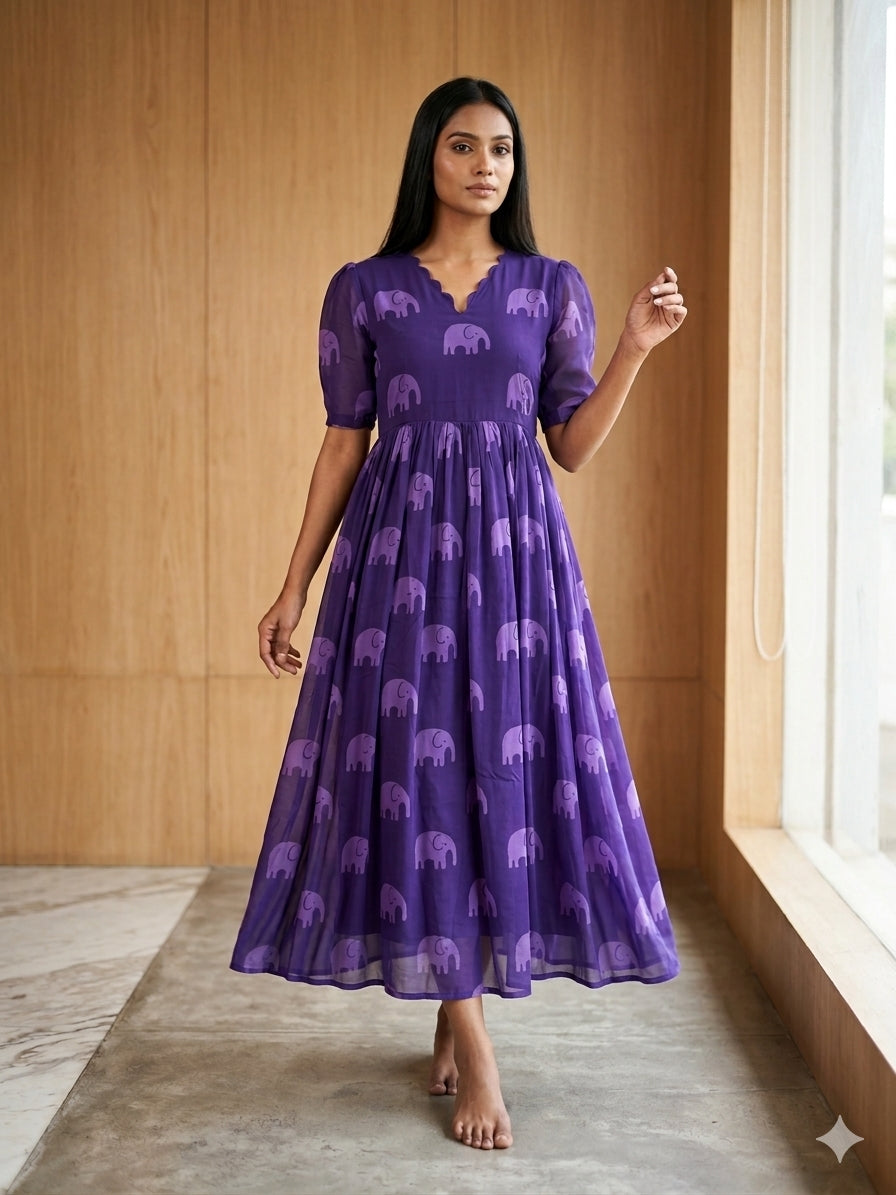 Purple Elephant Printed Georgette Outdoor Non-Feeding Maxi