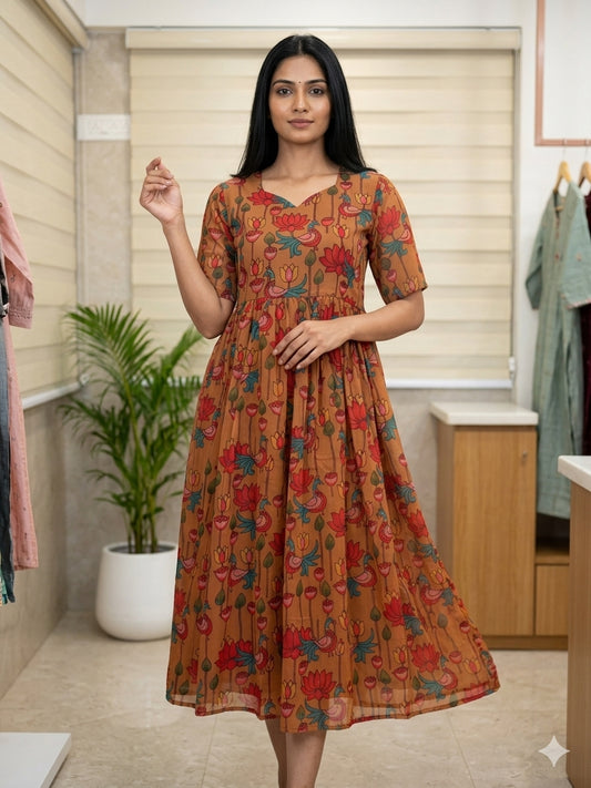 Mustard Red Peacock Printed Georgette Outdoor Non-Feeding Maxi