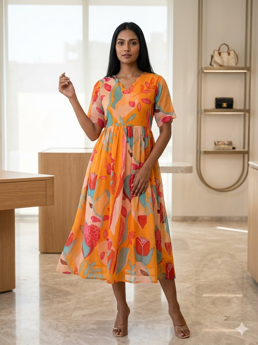 Mustard Peach Abstract Printed Georgette Outdoor Non-Feeding Maxi