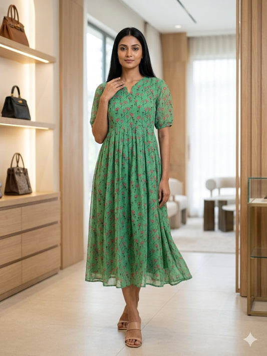 Green Pink Lotus Printed Georgette Outdoor Non-Feeding Maxi