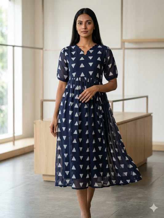 Navy Blue Triangle Printed Georgette Outdoor Non-Feeding Maxi