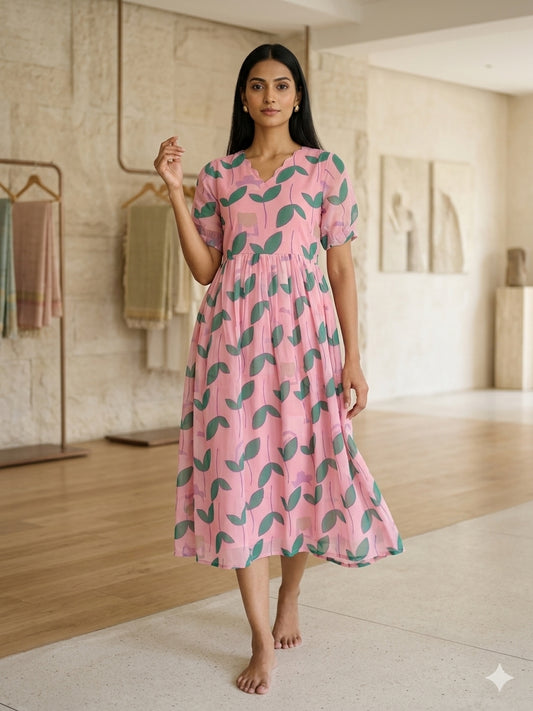 Pink Green Leaf Printed Georgette Outdoor Non-Feeding Maxi