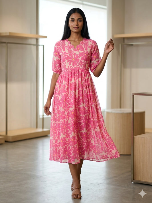 Pink White Floral Printed Georgette Outdoor Non-Feeding Maxi