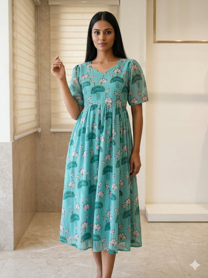 Aqua Blue Lotus Printed Georgette Outdoor Non-Feeding Maxi