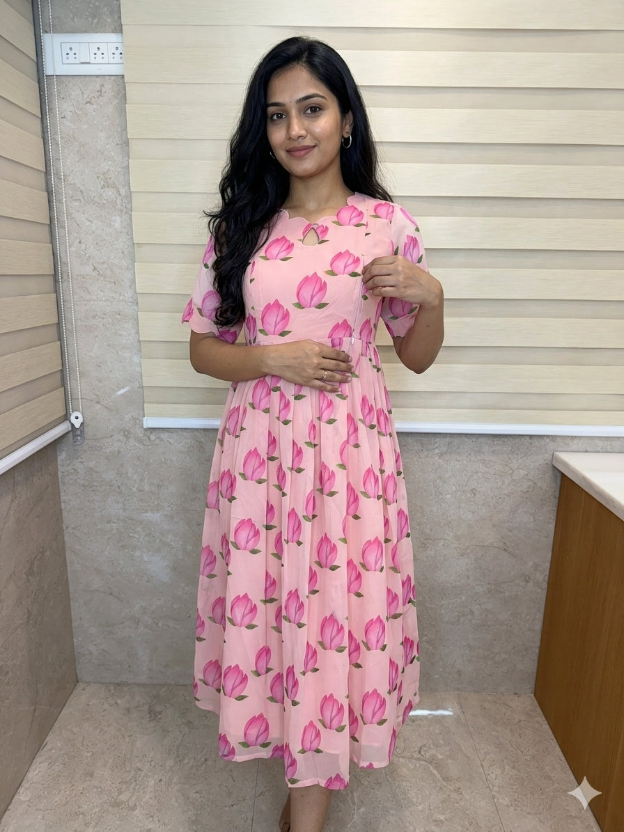 Peach Pink Tulip Printed Georgette Feeding Maxi