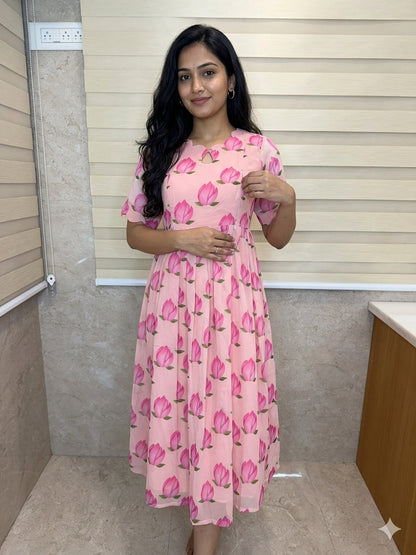 Peach Pink Tulip Printed Georgette Feeding Maxi