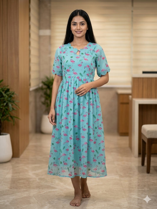 Sky Blue Pink Flamingo Printed Georgette Feeding Maxi
