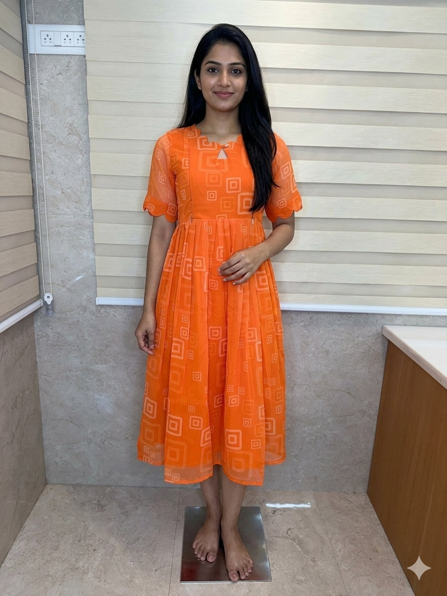 Orange Geometric Printed Georgette Feeding Maxi