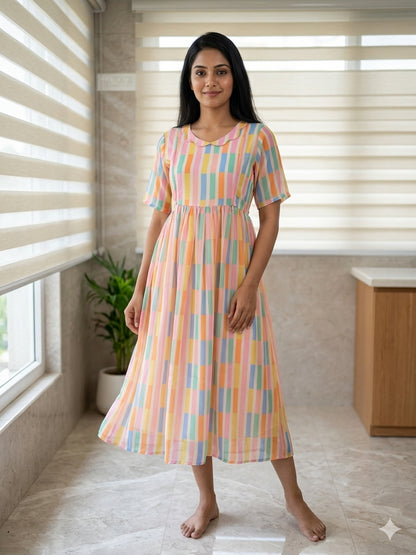 Pastel Multicolor Striped Georgette Feeding Maxi