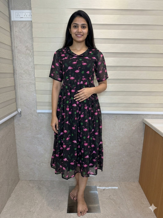 Black Pink Flamingo Printed Georgette Feeding Maxi
