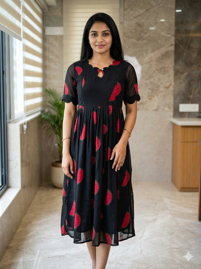 Black Red Watermelon Printed Georgette Feeding Maxi