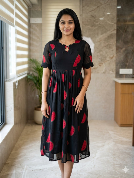 Black Red Watermelon Printed Georgette Feeding Maxi