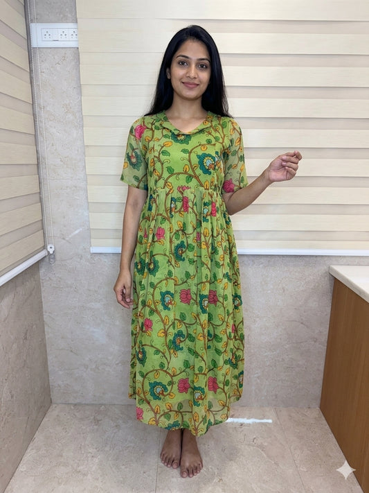 Lime Green Multicolor Floral Printed Georgette Feeding Maxi