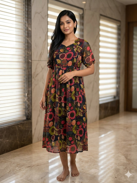 Navy Blue Pink Floral Printed Georgette Feeding Maxi