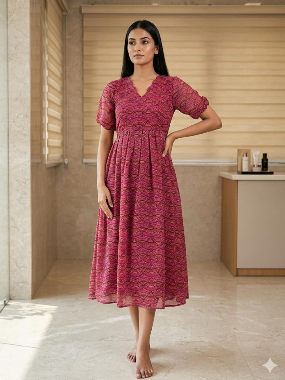 Hot Pink Geometric Printed Georgette Outdoor Non-Feeding Maxi
